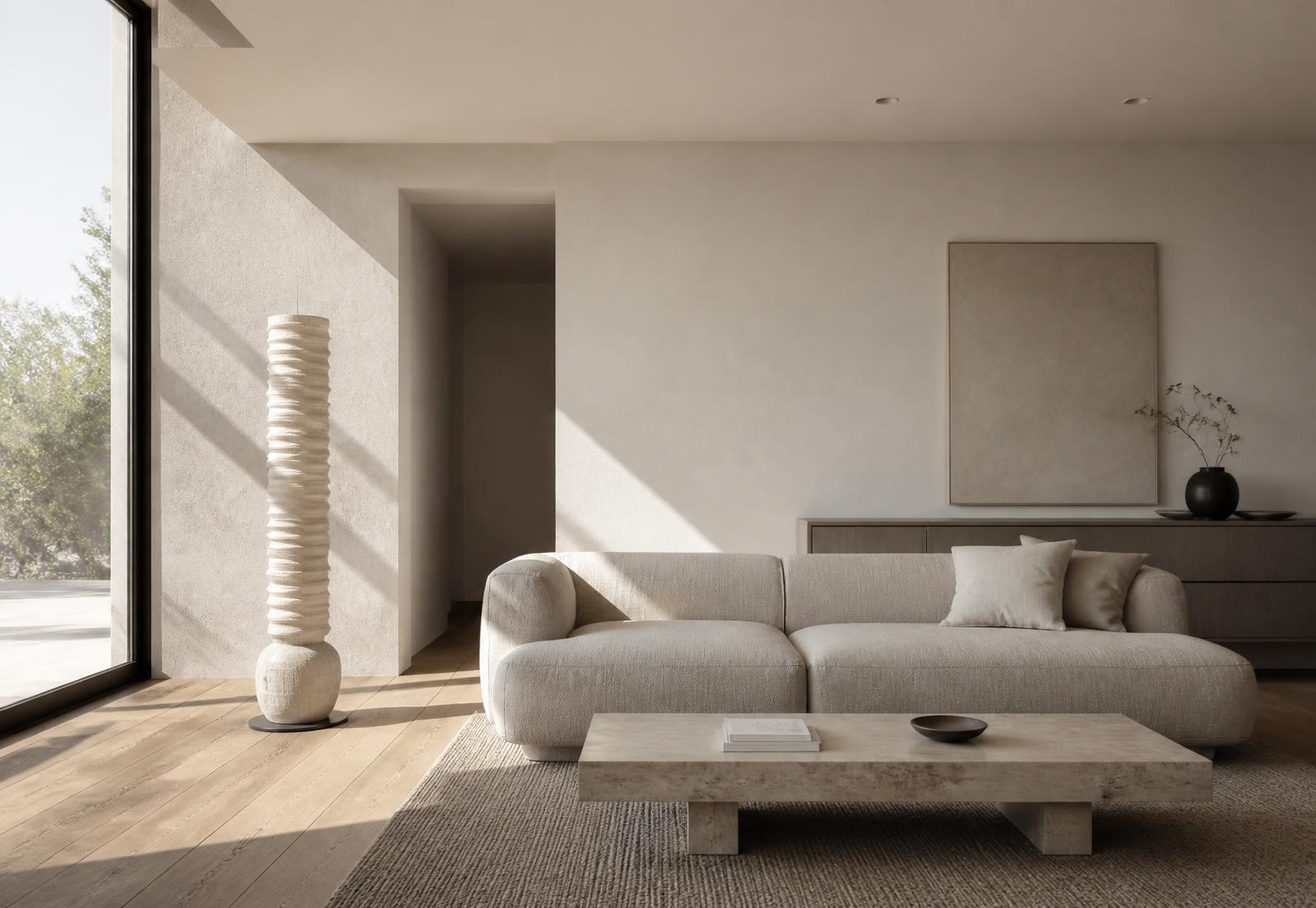 Photorealistic minimalist living room visualization created with DesignMate